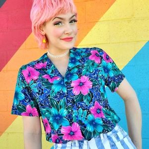 90's Vintage Jewel Tone Teal & Pink Flower Hawaiian Button Up Shirt Box Office